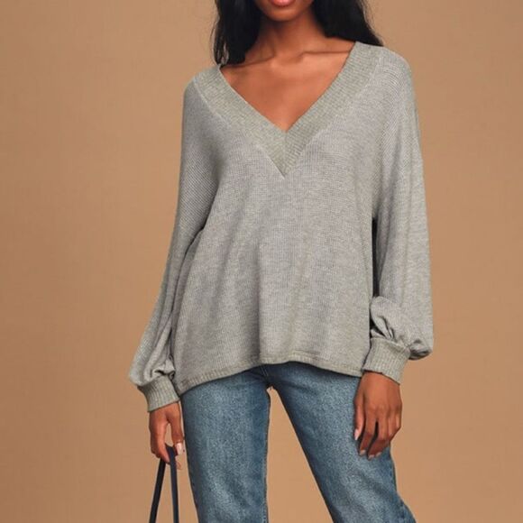 Lulus Tops - Lulus Personal Record Heather Grey Knit Balloon Sleeve Sweater Top